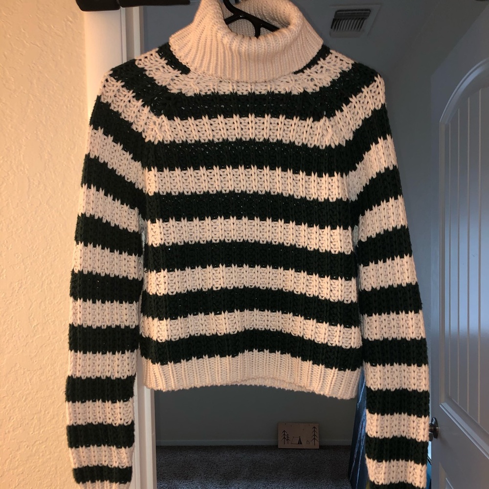 Dark green and white striped knit sweater